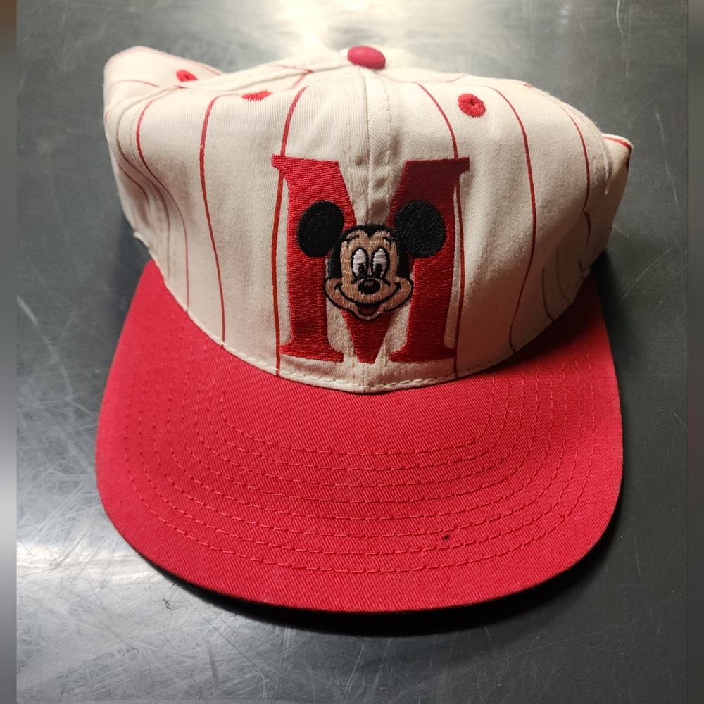 Vintage Disney Hat Mickey Mouse Red Pin Stripe Hat Cap Walt Disney Red/White